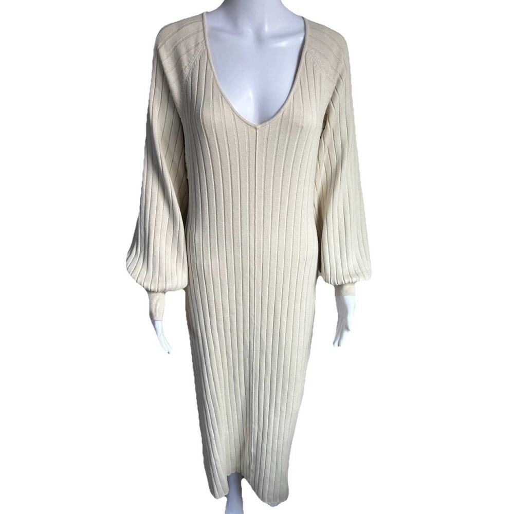 Free People Sweater Dress Womens M Beige Ribbed Knit Midi V Neck Boho Cottage
